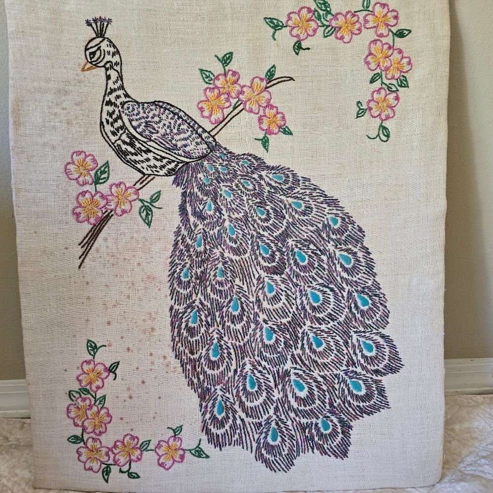 Hand Embroidered Peacock Art Hand Made . Home Decor Vintage - Picture 5 of 9
